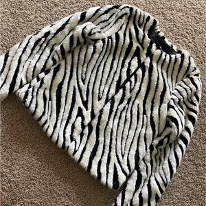 Divided Black and White Striped Faux Fur Jacket
